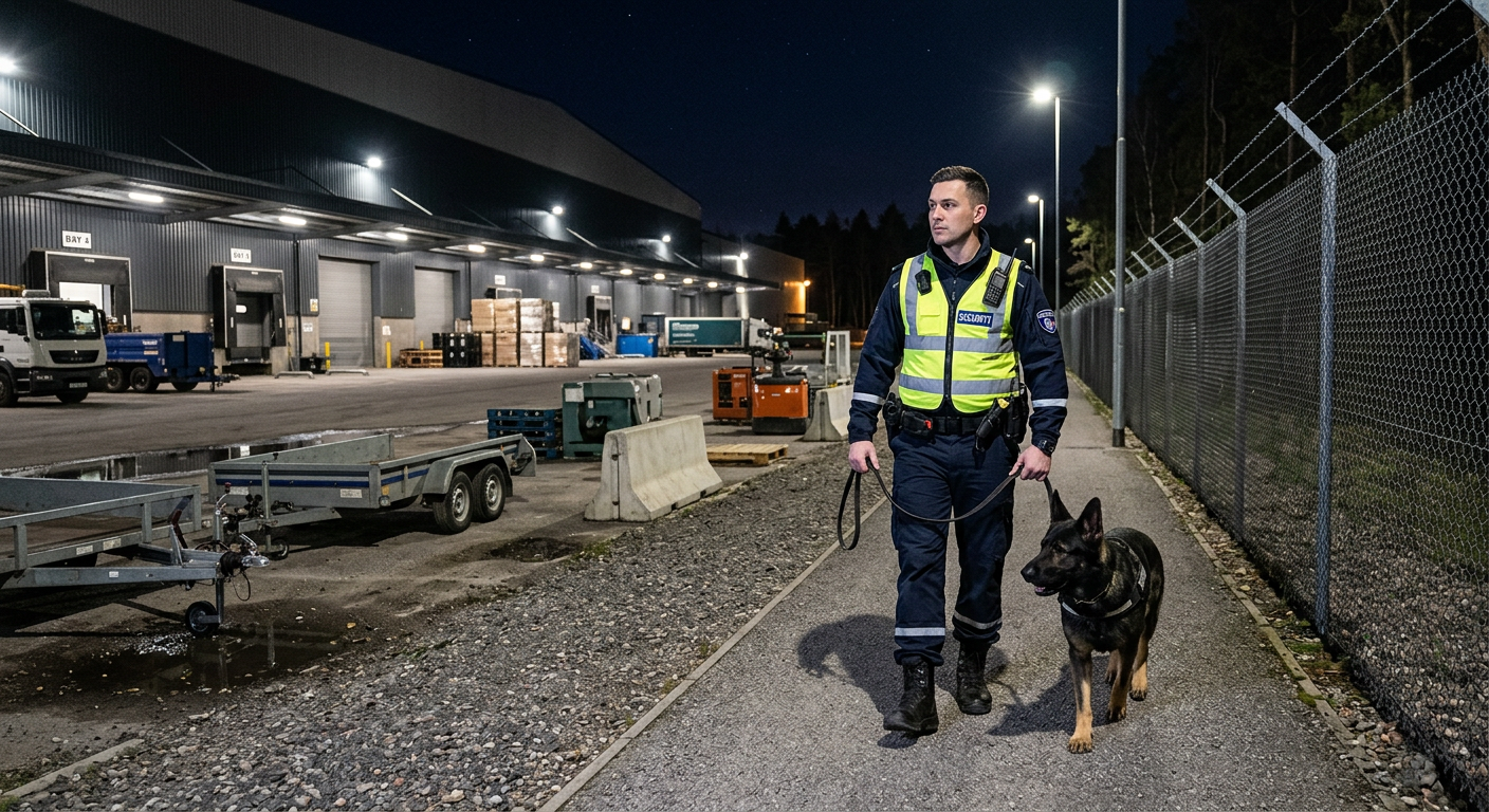 Security dog handler patrolling a warehouse compound at night